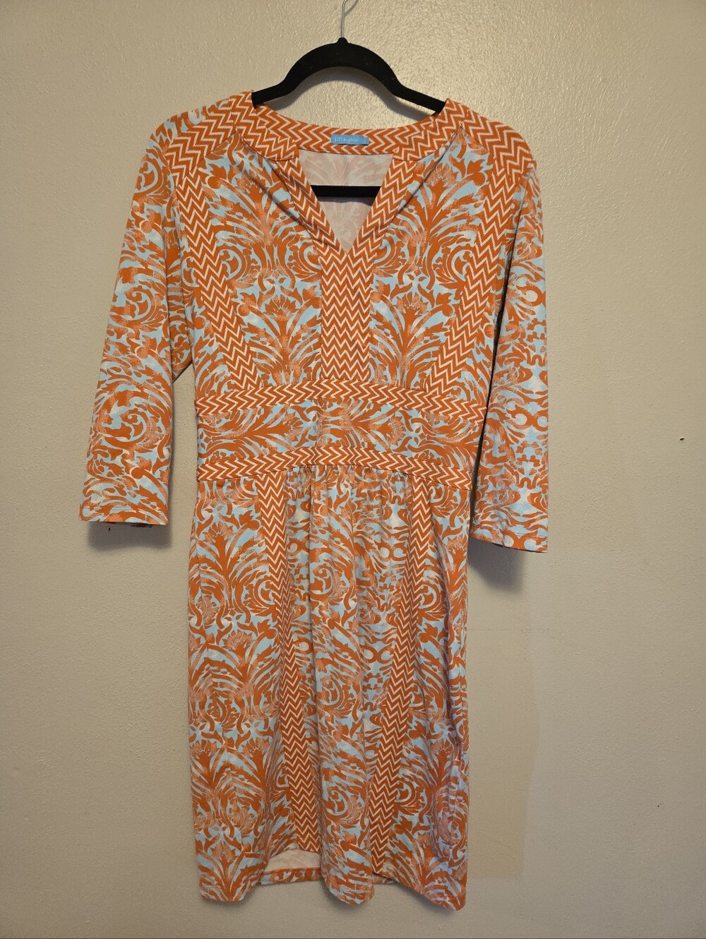 J. McLaughlin Knee Length 3/4 Sleeves Blue Orange White Dress S